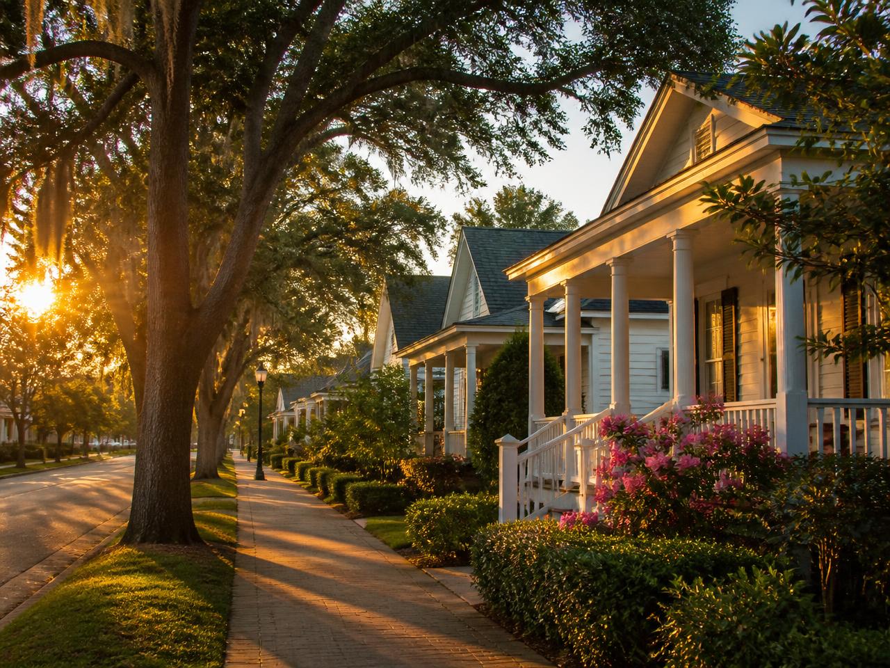 A welcoming residential street with front porches at golden hour